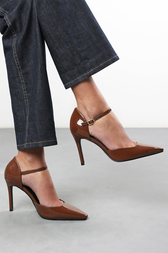 Tiana Brown Pointed Toe Stilleto Court Heeled Shoe with Buckle Strap