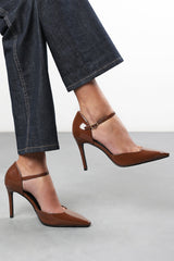 Tiana Brown Pointed Toe Stilleto Court Heeled Shoe with Buckle Strap