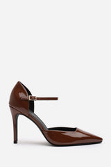 Tiana Brown Pointed Toe Stilleto Court Heeled Shoe with Buckle Strap