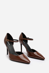 Tiana Brown Pointed Toe Stilleto Court Heeled Shoe with Buckle Strap