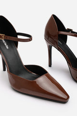 Tiana Brown Pointed Toe Stilleto Court Heeled Shoe with Buckle Strap