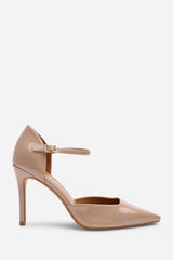 Tiana Mocha Pointed Toe Stilleto Court Heeled Shoe with Buckle Strap