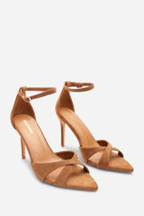 Patricia Wide Fit Cognac Suede Pointed Open Toe Cross Over Strappy Heels