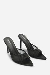 Qorelle Black Mesh Mules With Diamante Detail