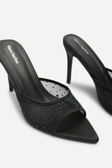 Qorelle Black Mesh Mules With Diamante Detail