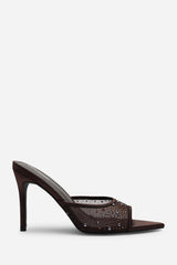 Qorelle Dark Brown Mesh Mules With Diamante Detail