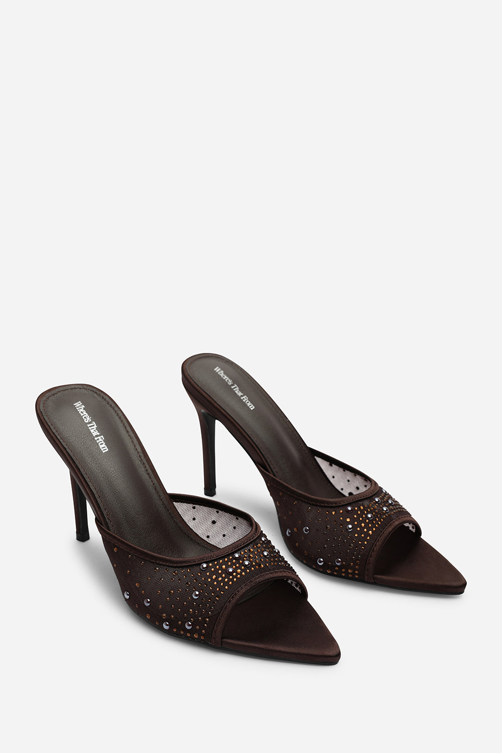 Qorelle Dark Brown Mesh Mules With Diamante Detail