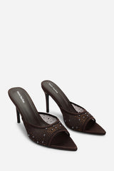Qorelle Dark Brown Mesh Mules With Diamante Detail