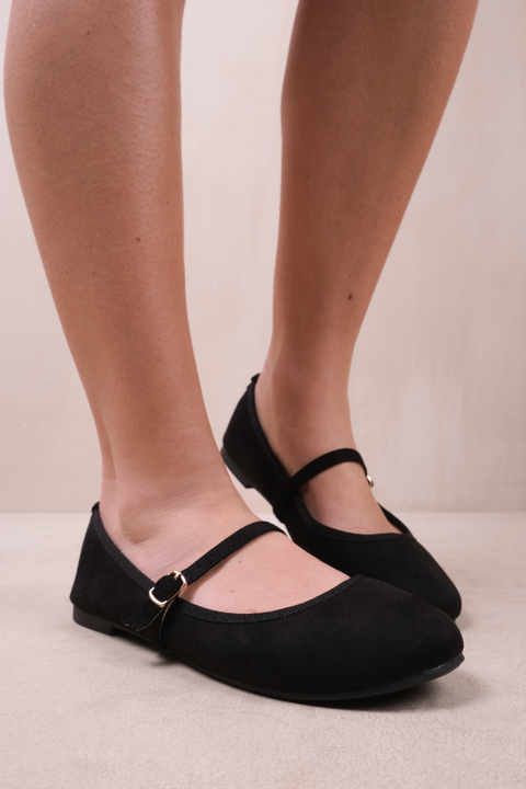 JOSIE BALLERINA FLATS WITH STRAP DETAIL IN BLACK SUEDE