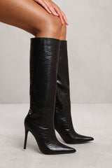 LILAH BELOW KNEE HIGH HEEL CROC BOOT  IN BLACK FAUX LEATHER