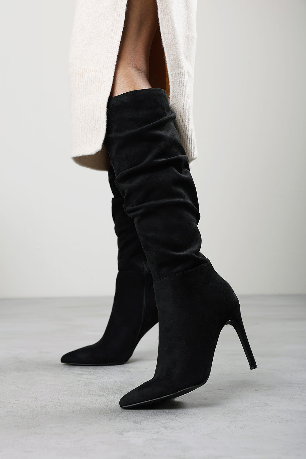 Goldie Slouch Pointed Toe Black Suede Knee High Heeled Boot