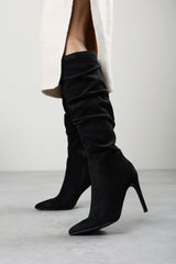 Goldie Slouch Pointed Toe Black Suede Knee High Heeled Boot