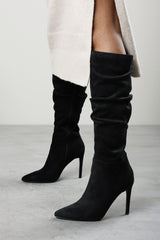 Goldie Slouch Pointed Toe Black Suede Knee High Heeled Boot