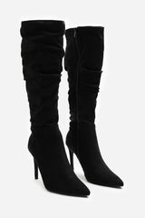 Goldie Slouch Pointed Toe Black Suede Knee High Heeled Boot