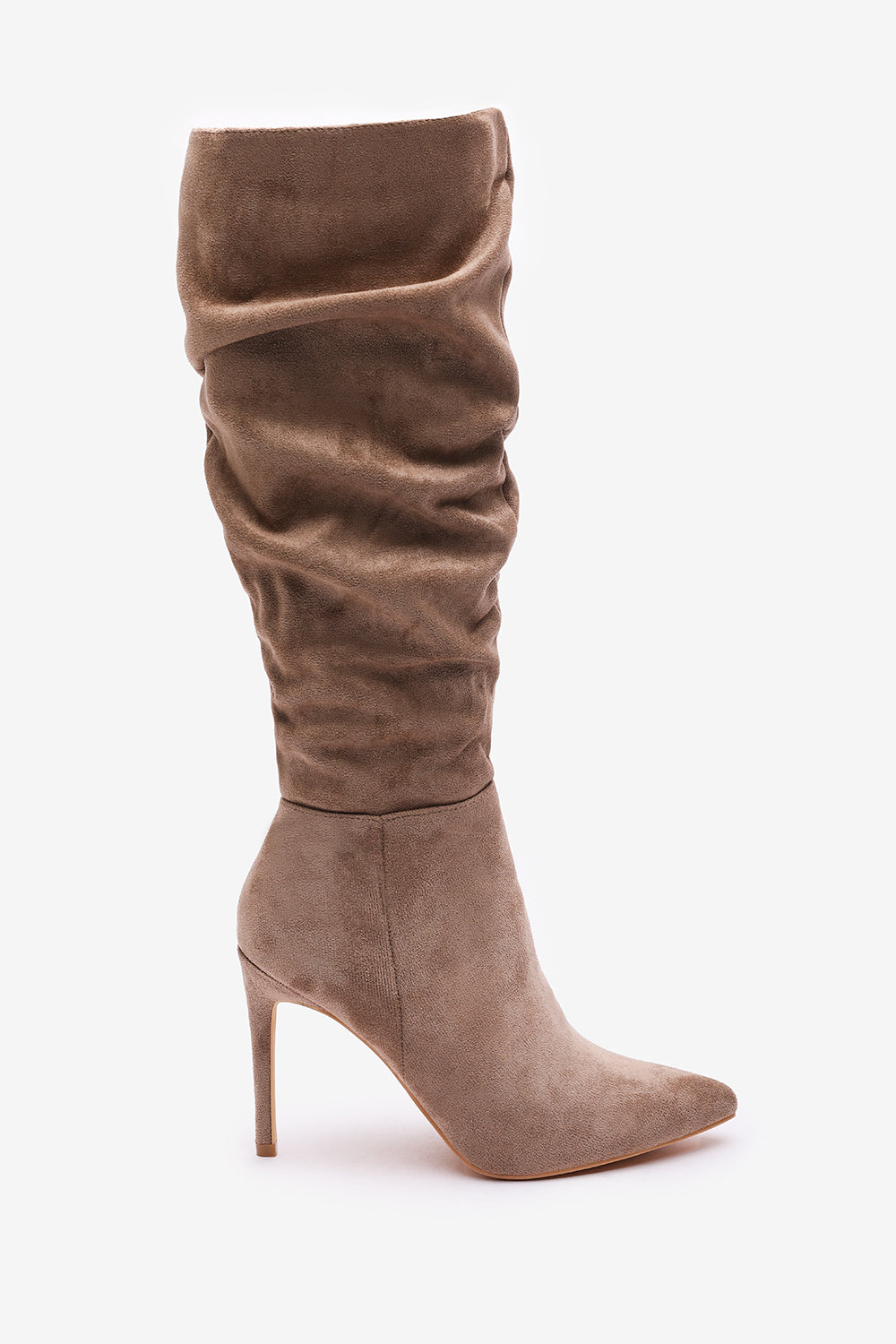 Goldie Elegant Slouch Pointed Toe Camel Suede Knee High Heeled Boot with Inside Zip Detail