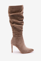 Goldie Elegant Slouch Pointed Toe Camel Suede Knee High Heeled Boot with Inside Zip Detail