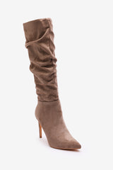 Goldie Elegant Slouch Pointed Toe Camel Suede Knee High Heeled Boot with Inside Zip Detail
