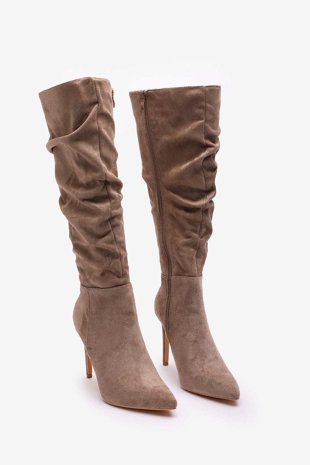 Goldie Elegant Slouch Pointed Toe Camel Suede Knee High Heeled Boot with Inside Zip Detail