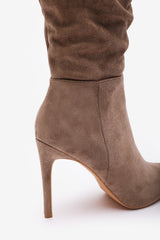 Goldie Elegant Slouch Pointed Toe Camel Suede Knee High Heeled Boot with Inside Zip Detail