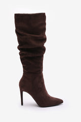 Goldie Elegant Slouch Pointed Toe Dark Brown Suede Knee High Heeled Boot with Inside Zip Detail