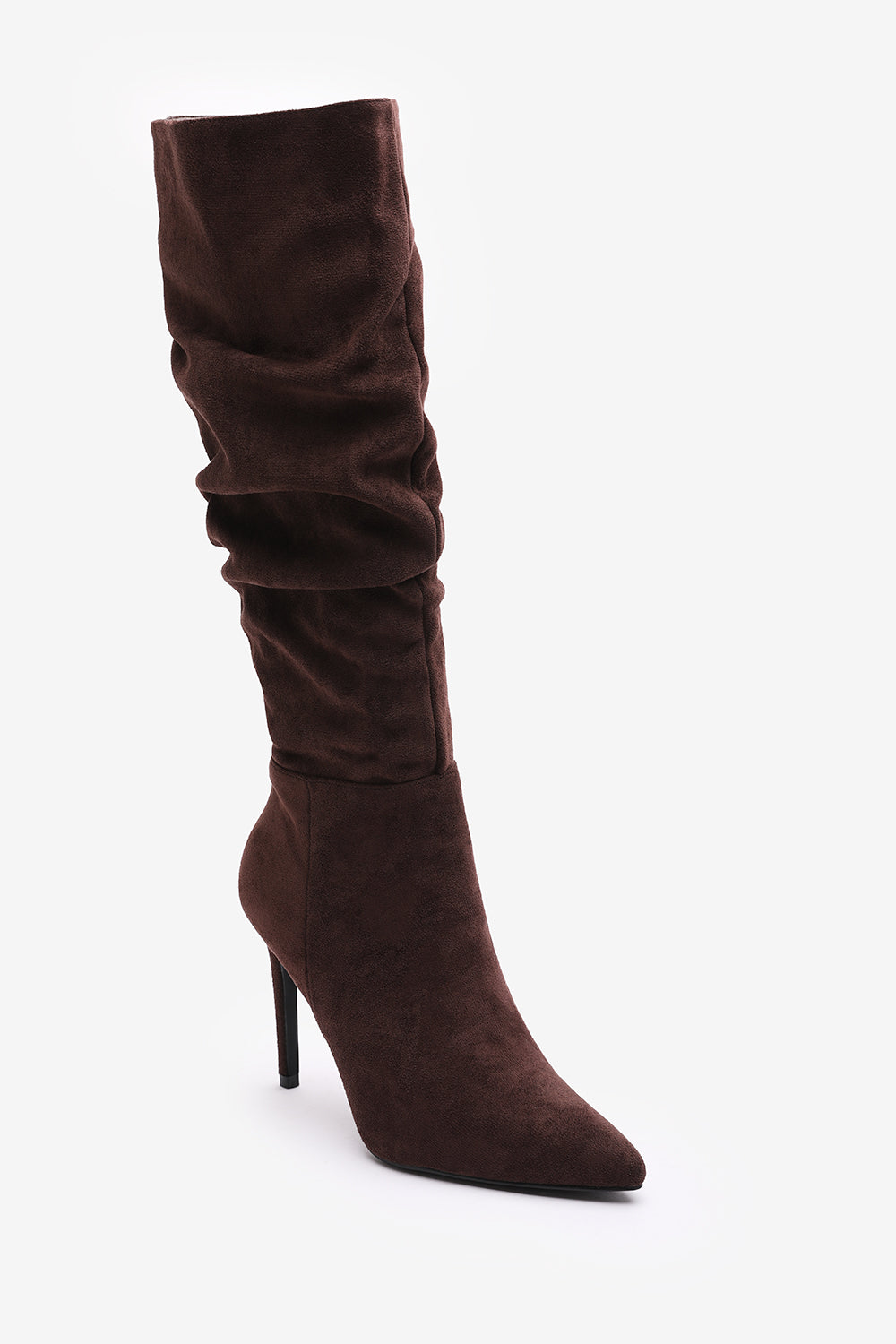 Goldie Elegant Slouch Pointed Toe Dark Brown Suede Knee High Heeled Boot with Inside Zip Detail