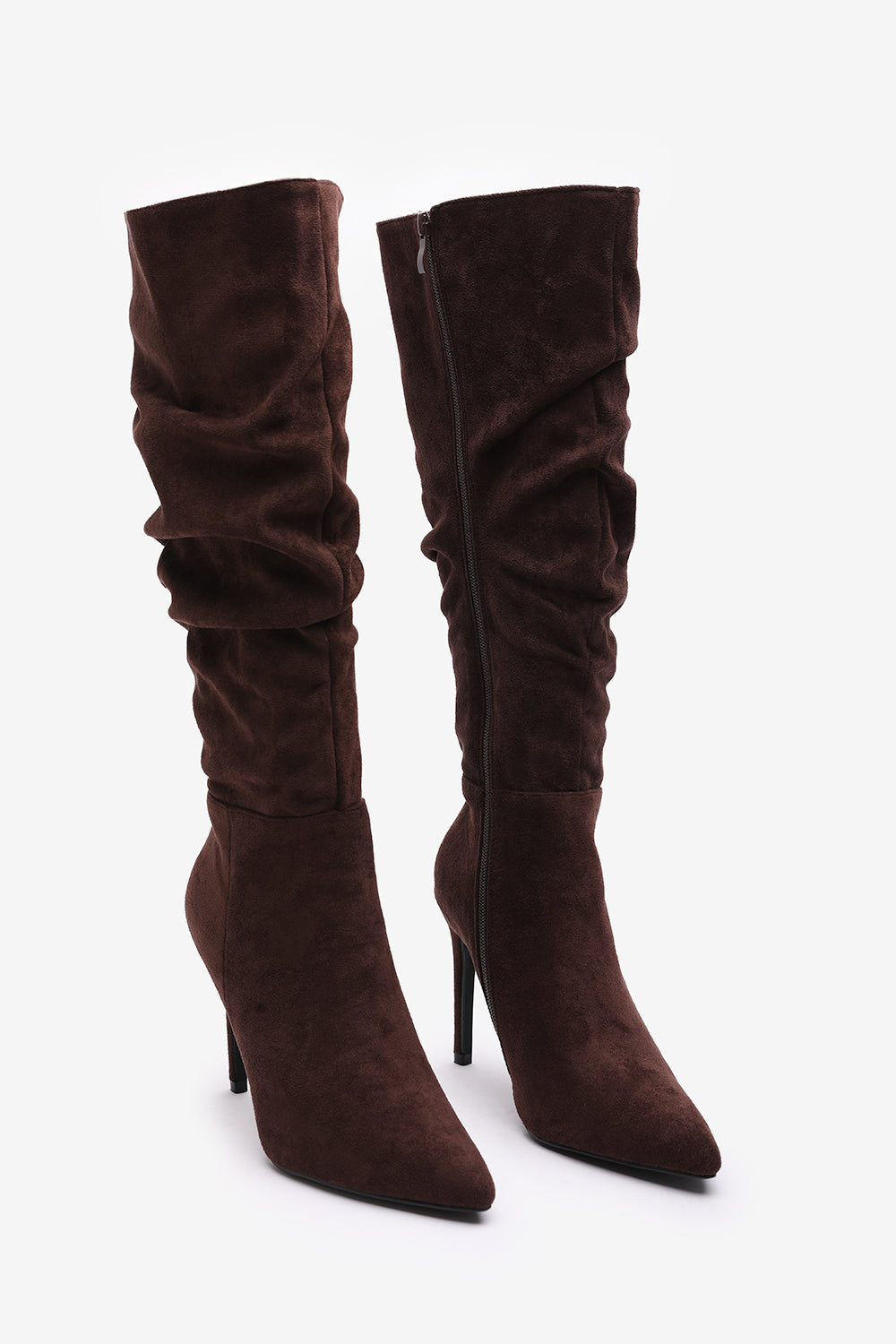 Goldie Elegant Slouch Pointed Toe Dark Brown Suede Knee High Heeled Boot with Inside Zip Detail