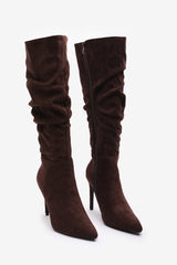 Goldie Elegant Slouch Pointed Toe Dark Brown Suede Knee High Heeled Boot with Inside Zip Detail