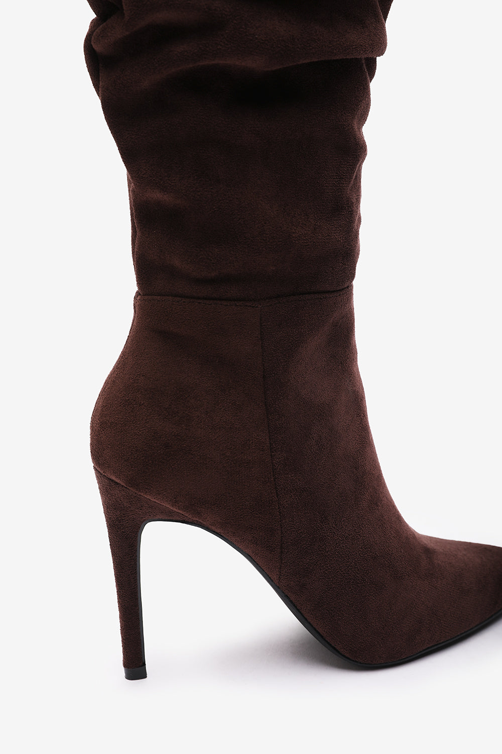 Goldie Elegant Slouch Pointed Toe Dark Brown Suede Knee High Heeled Boot with Inside Zip Detail