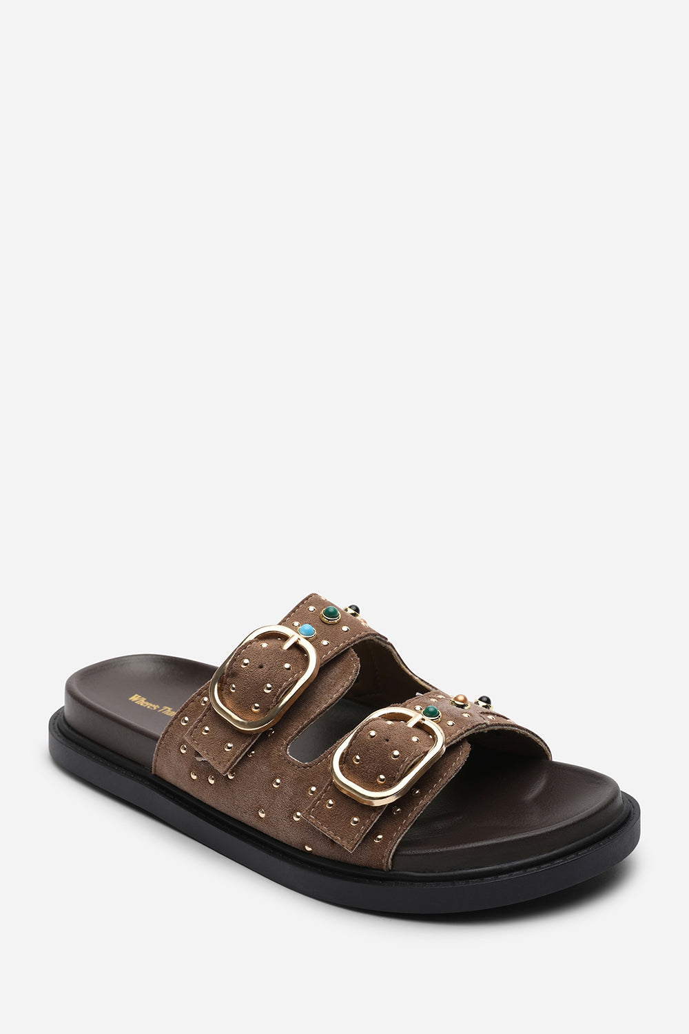 Ceylon Diamante Stud Double Buckle Camel Suede Slide On Sandal