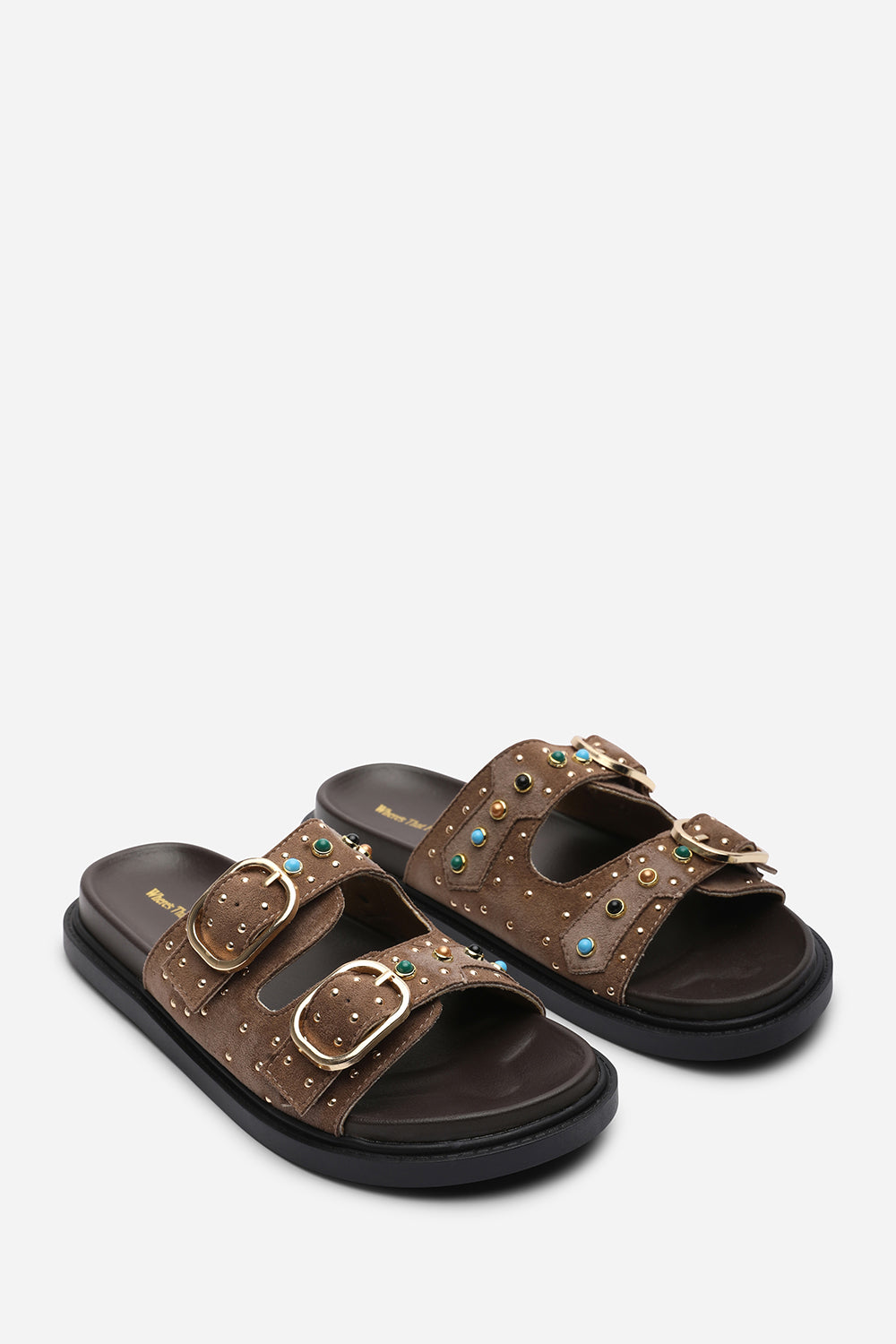 Ceylon Diamante Stud Double Buckle Camel Suede Slide On Sandal