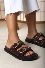 Ceylon Diamante Stud Double Buckle Dark Brown Suede Slide On Sandal