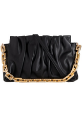 CLOUD ROUCHED HANDBAG WITH CHAIN DETAIL IN BLACK FAUX LEATHER