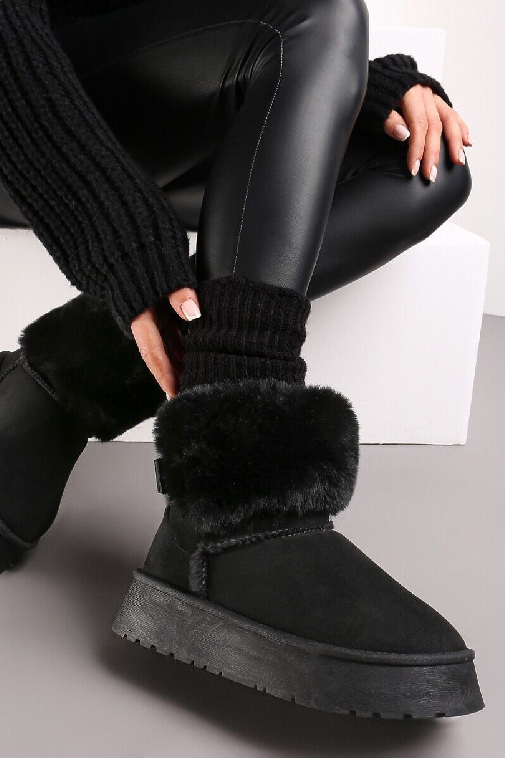 GLORIA SLIP ON ANKLE BOOTS WITH FAUX FUR AND BOW DETAIL IN BLACK SUEDE