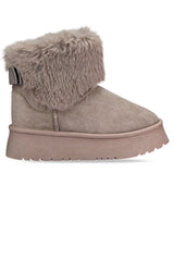 GLORIA SLIP ON ANKLE BOOTS WITH FAUX FUR AND BOW DETAIL IN KHAKI SUEDE