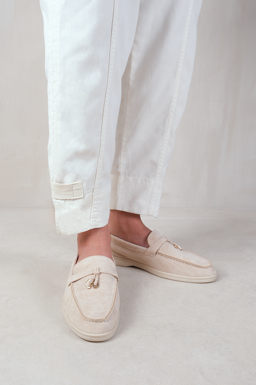Charming Slip On Suede Loafers Metal Trim Tassel in Beige