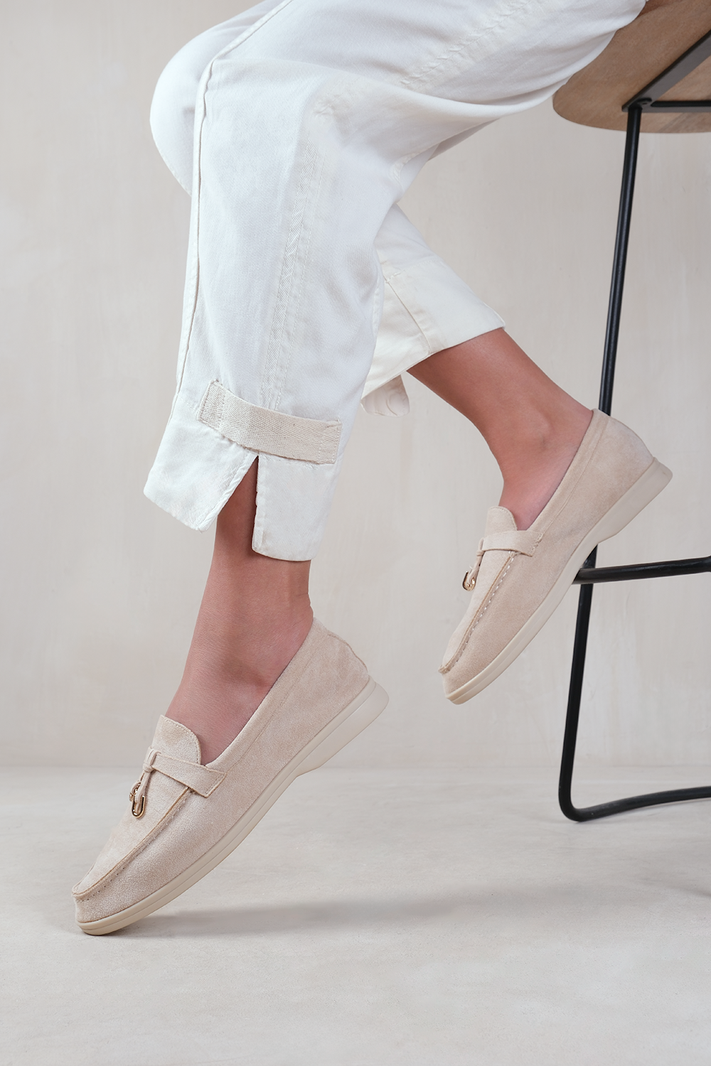 Charming Slip On Suede Loafers Metal Trim Tassel in Beige