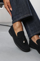 Charming Slip On Suede Loafers Metal Trim Tassel in Black