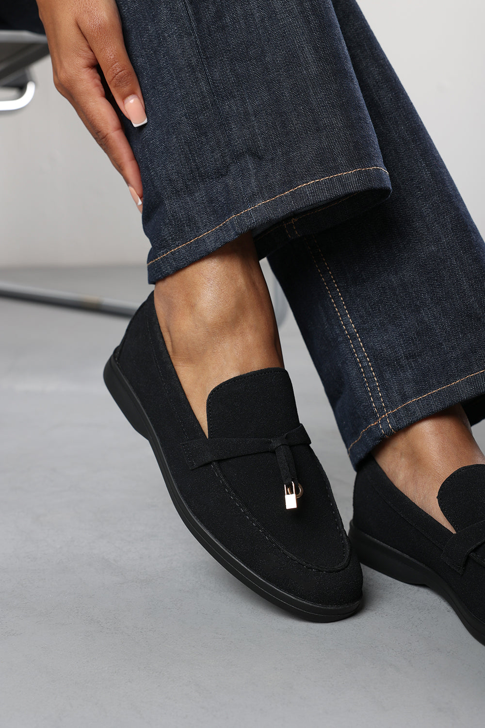 Lunara Black Penny Loafers With Metal Trim Detail