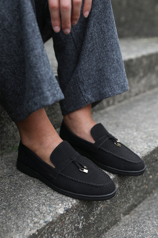 PEGASUS SLIP ON TRIM LOAFERS WITH ACCESSORY DETAILING IN BLACK SUEDE