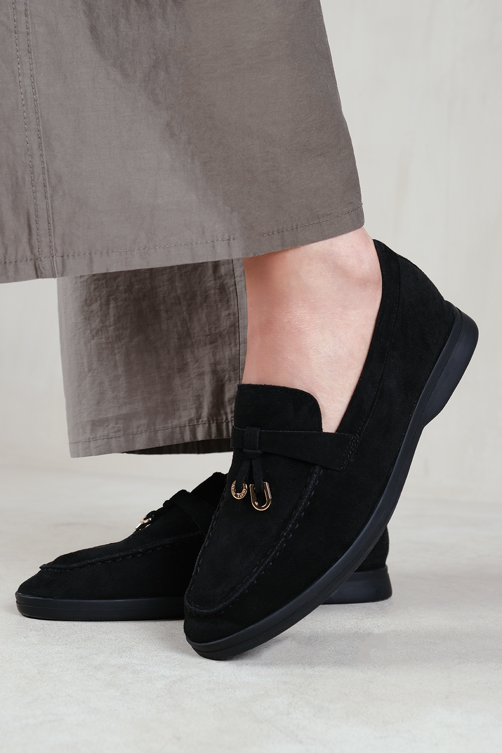 PEGASUS WIDE FIT SLIP ON TRIM LOAFERS WITH ACCESSORY DETAILING IN BLACK SUEDE