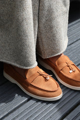 PEGASUS SLIP ON TRIM LOAFERS WITH ACCESSORY DETAILING IN CAMEL SUEDE