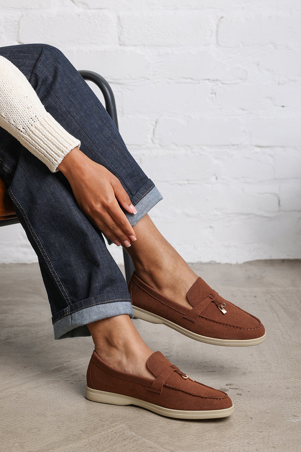 Charming Slip On Suede Loafers Metal Trim Tassel in Brown