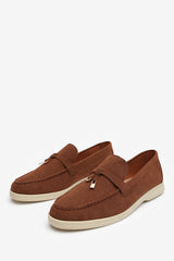 Charming Slip On Suede Loafers Metal Trim Tassel in Brown