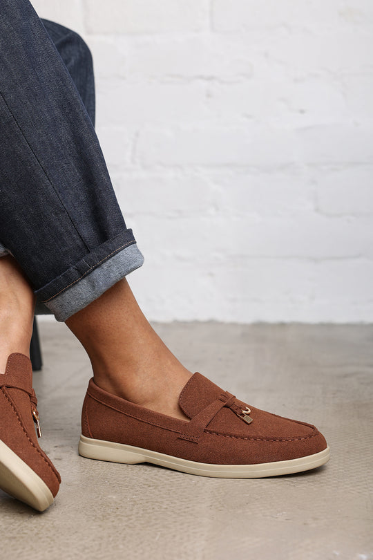 Charming Slip On Suede Loafers Metal Trim Tassel in Brown