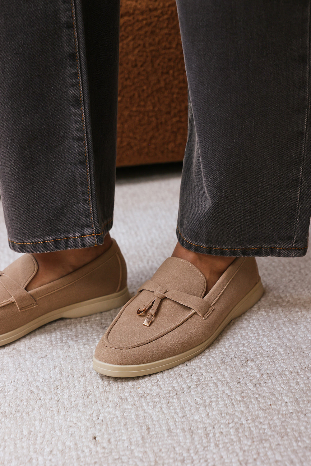 Porexa Khaki Knotted Bow Tassel Detail Flat Loafers