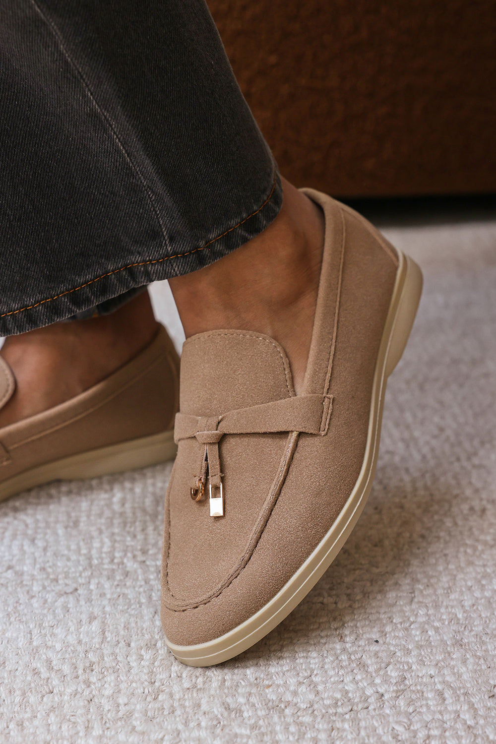 Porexa Khaki Knotted Bow Tassel Detail Flat Loafers