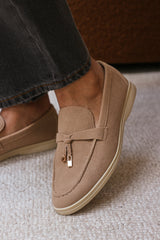 Porexa Khaki Knotted Bow Tassel Detail Flat Loafers