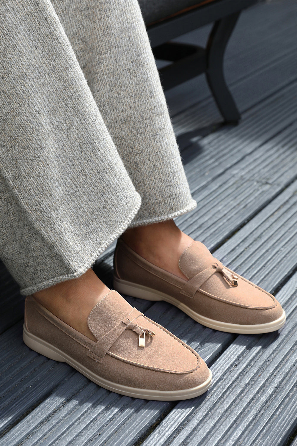 PEGASUS WIDE FIT SLIP ON TRIM LOAFERS WITH ACCESSORY DETAILING IN KHAKI SUEDE