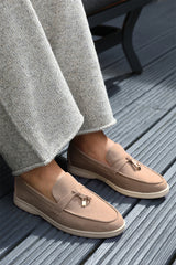 PEGASUS WIDE FIT SLIP ON TRIM LOAFERS WITH ACCESSORY DETAILING IN KHAKI SUEDE