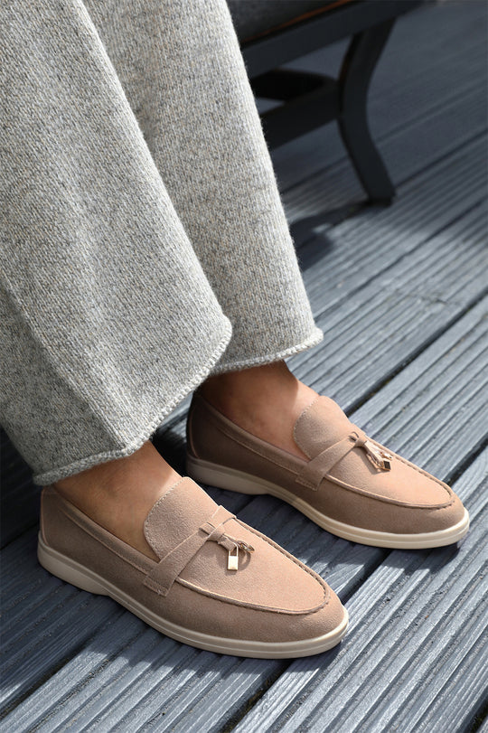 PEGASUS SLIP ON TRIM LOAFERS WITH ACCESSORY DETAILING IN KHAKI SUEDE